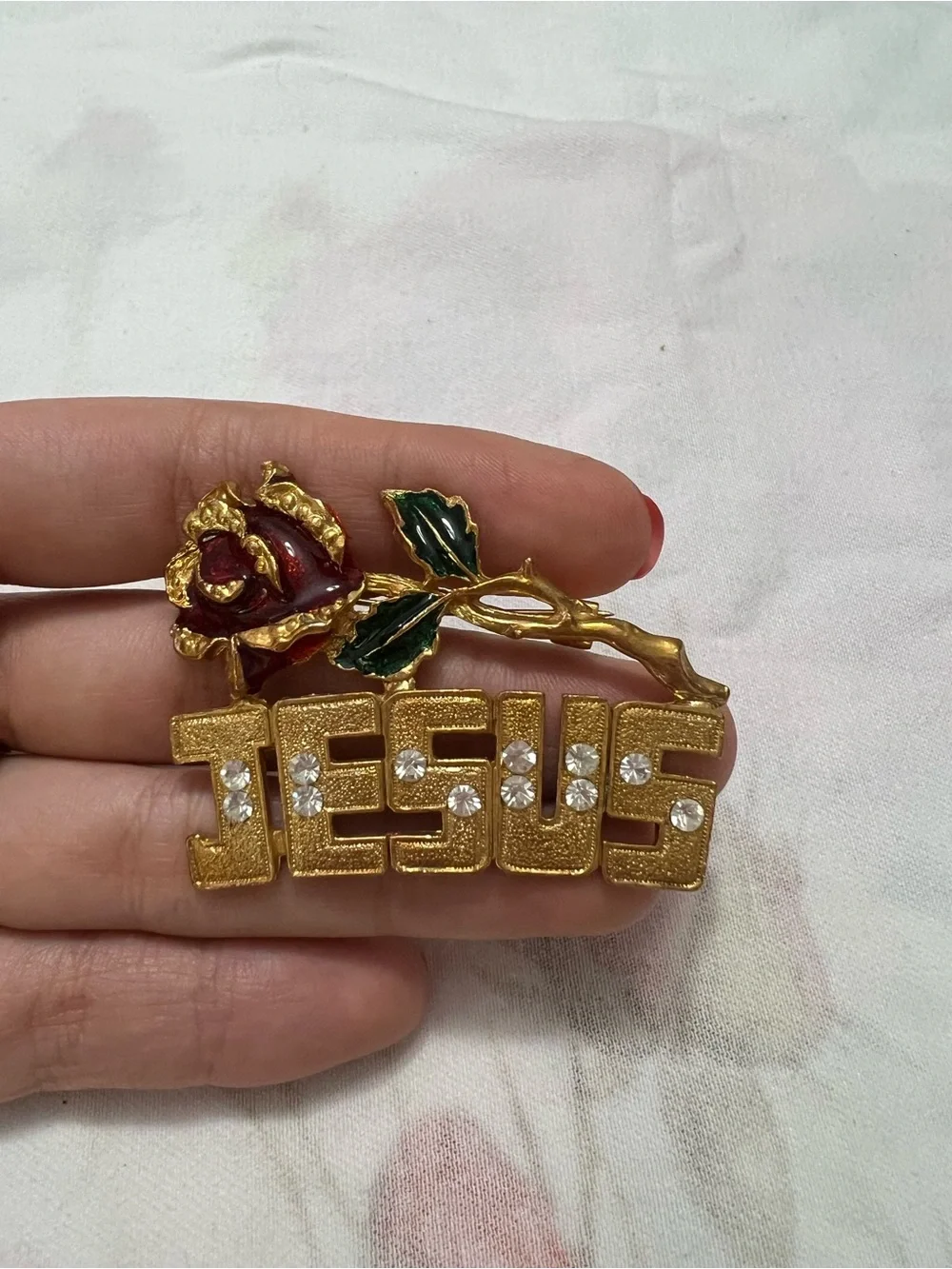 Gold Tone Jesus White Rhinestones Red Green Rose Enamel Brooch Pin